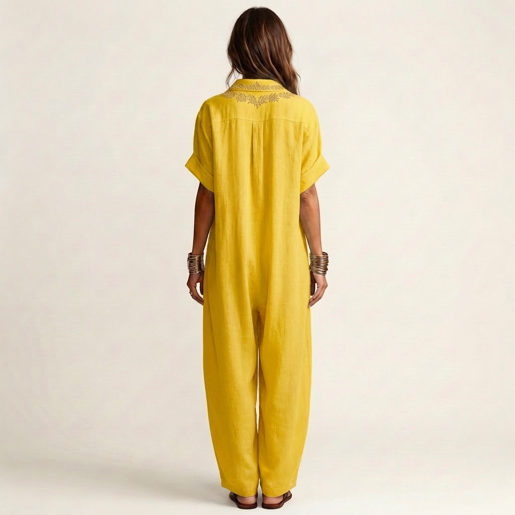 Petra | Vestido de lino con collar en V bordado