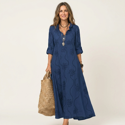 Odalys | Vestido de algodón-lino con bordado floral