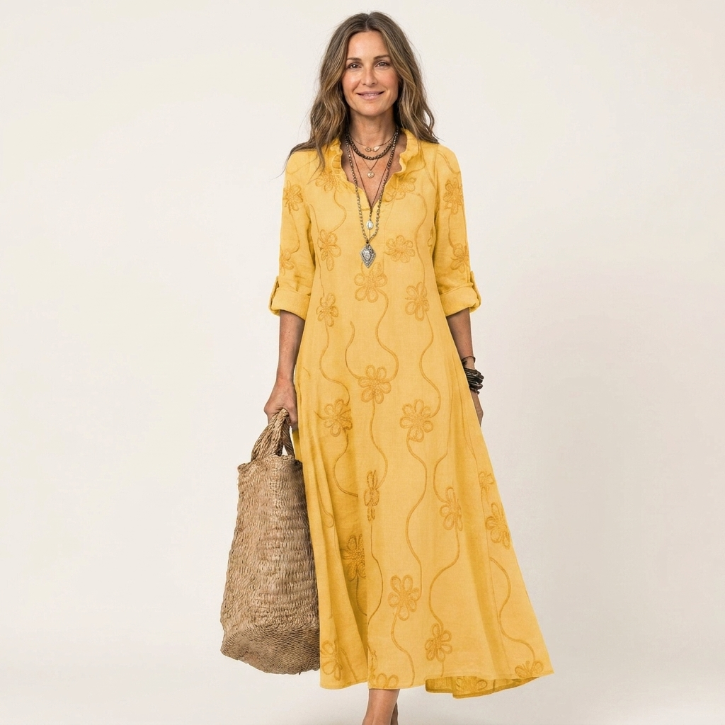 Odalys | Vestido de algodón-lino con bordado floral