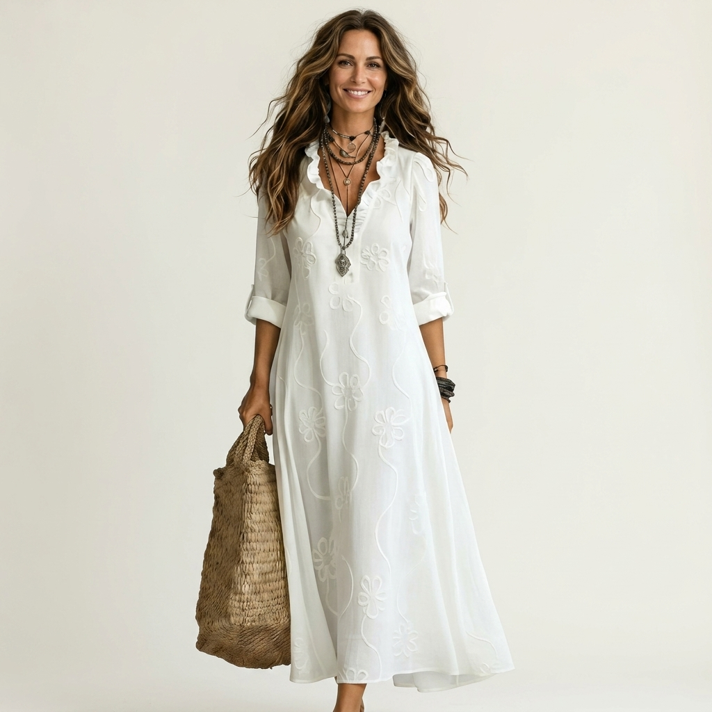 Odalys | Vestido de algodón-lino con bordado floral