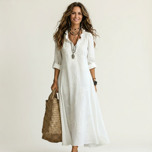 Odalys | Vestido de algodón-lino con bordado floral