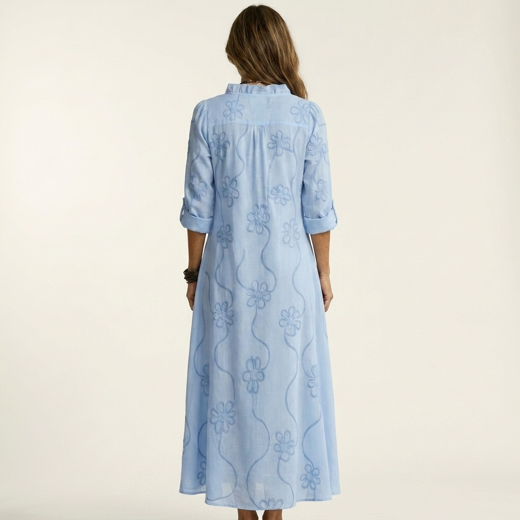 Odalys | Vestido de algodón-lino con bordado floral