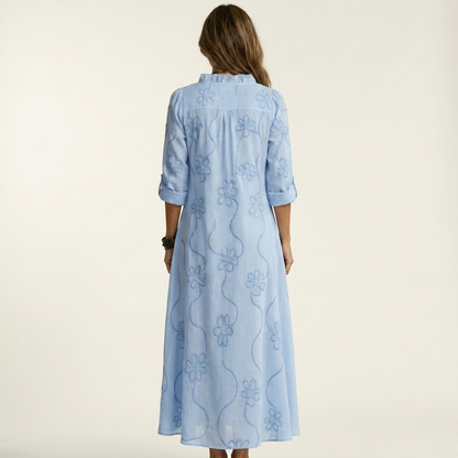 Odalys | Vestido de algodón-lino con bordado floral