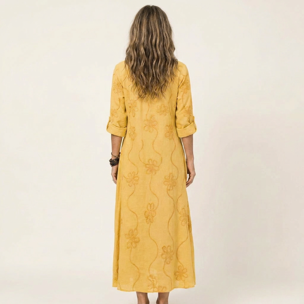 Odalys | Vestido de algodón-lino con bordado floral