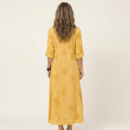 Odalys | Vestido de algodón-lino con bordado floral