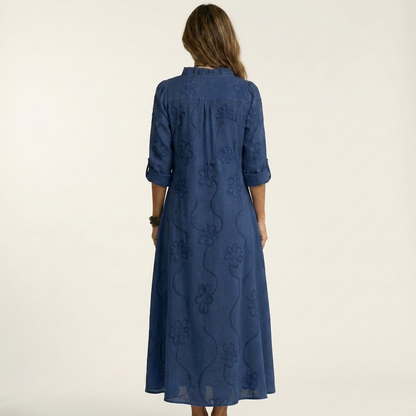 Odalys | Vestido de algodón-lino con bordado floral