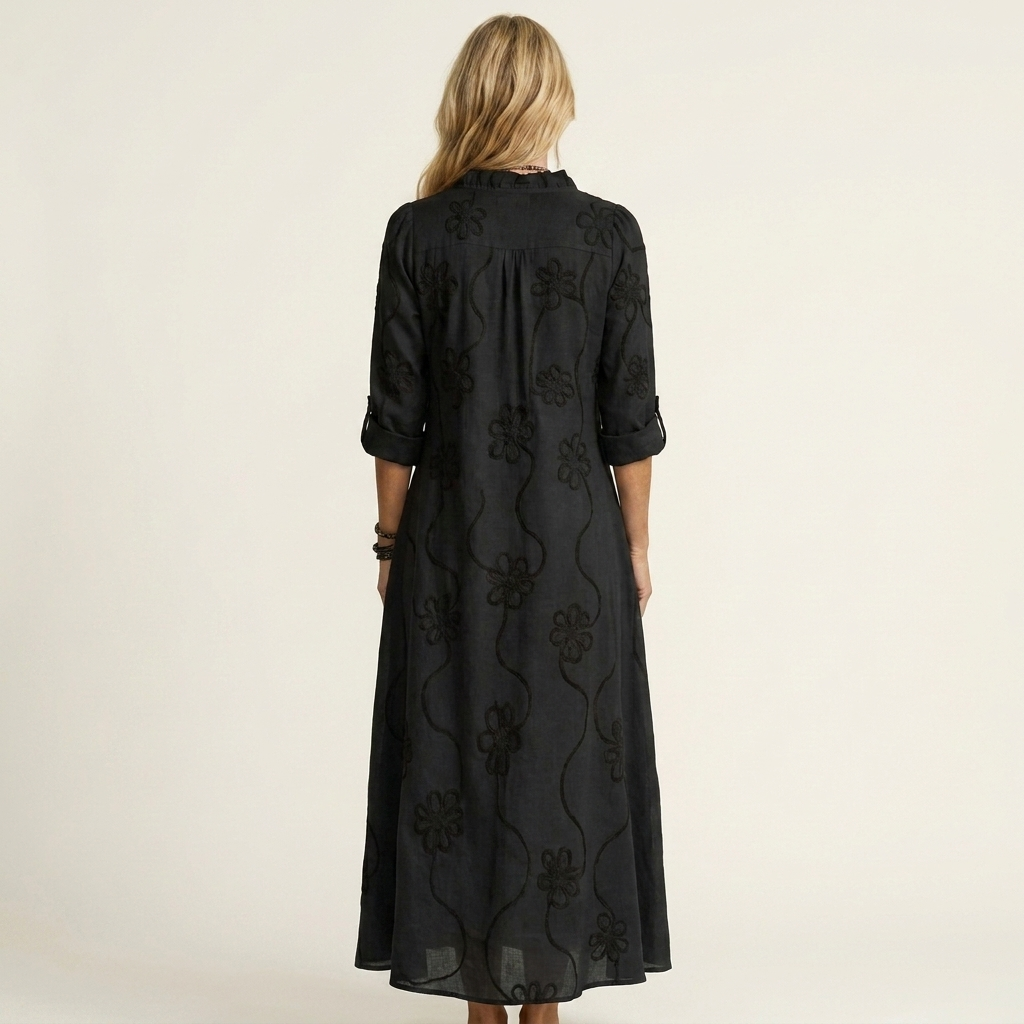 Odalys | Vestido de algodón-lino con bordado floral