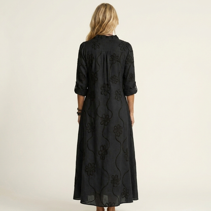 Odalys | Vestido de algodón-lino con bordado floral