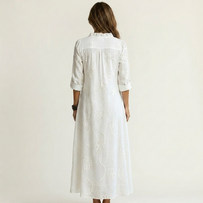 Odalys | Vestido de algodón-lino con bordado floral